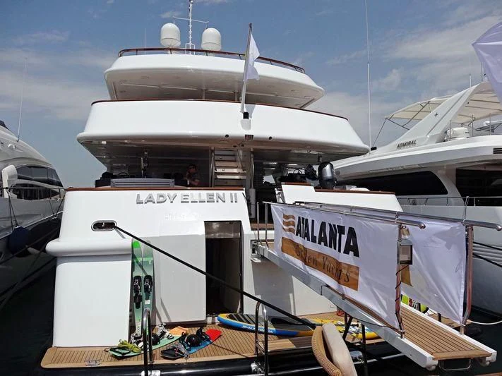 a boat docked at a port aboard AZUL V Yacht for Charter