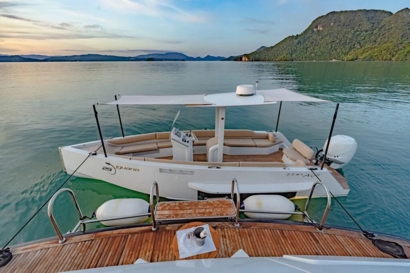 a boat on a lake aboard AZUL V Yacht for Charter