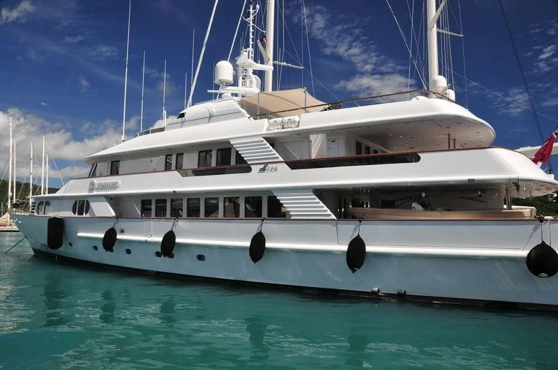 a white yacht in the water aboard AZUL V Yacht for Charter