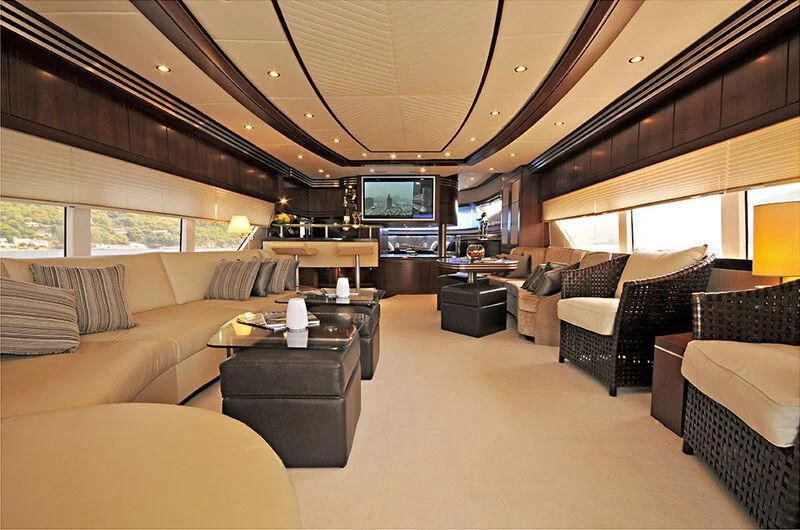 a living room with a large window aboard M.T. TIME Yacht for Sale