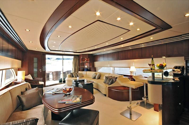 a living room with a large window aboard M.T. TIME Yacht for Sale