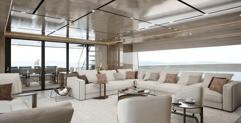 a living room with a large window aboard PANAME Yacht for Sale