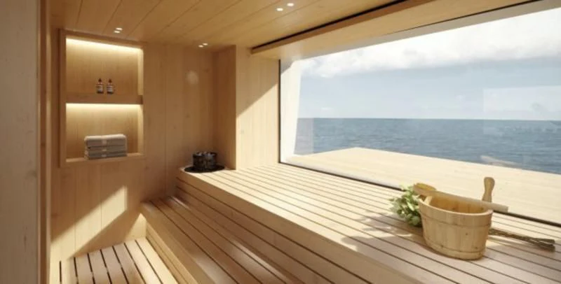 a wood deck with a view of the ocean and a large window aboard PANAME Yacht for Sale