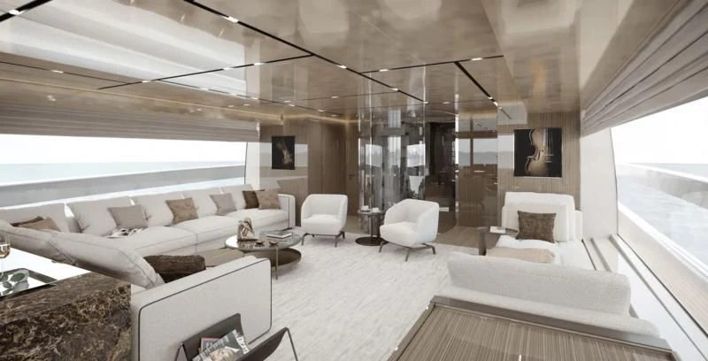 a room with a couch and a table and a large window aboard PANAME Yacht for Sale