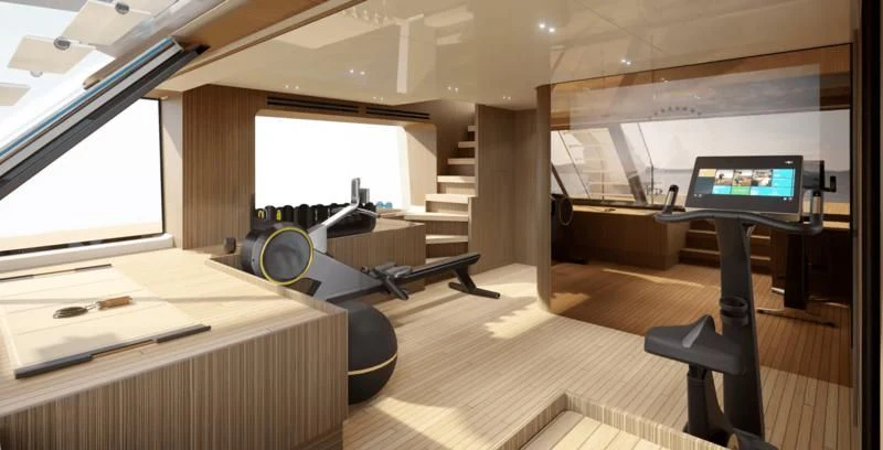 a room with a large window and a desk with a computer aboard PANAME Yacht for Sale