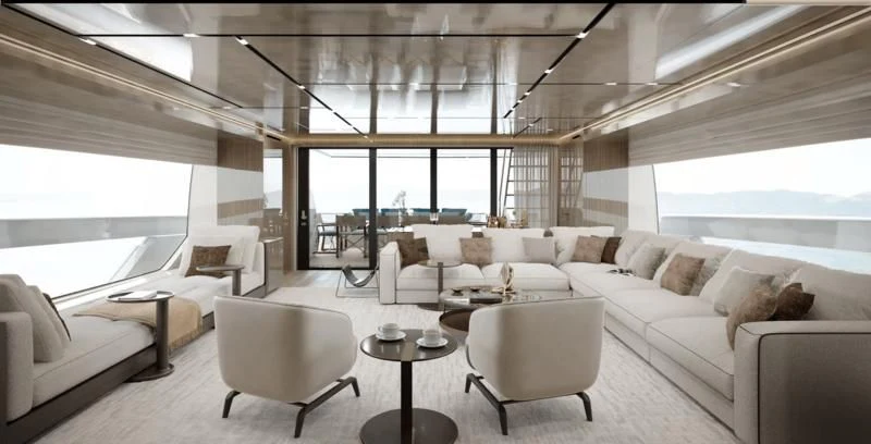 a living room with a couch and a table aboard PANAME Yacht for Sale