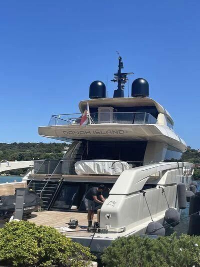 a boat docked at a pier aboard PANAME Yacht for Sale
