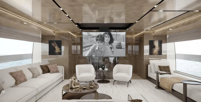 a room with a couch and a table and a painting on the wall aboard PANAME Yacht for Sale