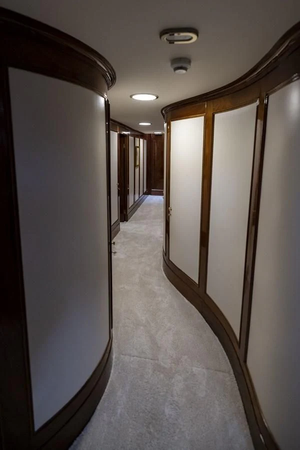 a hallway with a wood ceiling aboard FRANCESCO PETRARCA Yacht for Sale