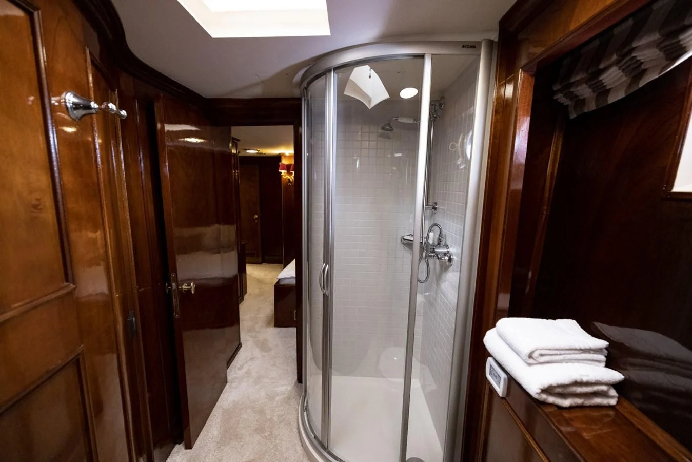 a bathroom with a glass shower aboard FRANCESCO PETRARCA Yacht for Sale