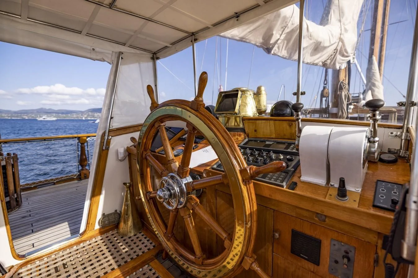 a large wooden boat with a steering wheel aboard FRANCESCO PETRARCA Yacht for Sale