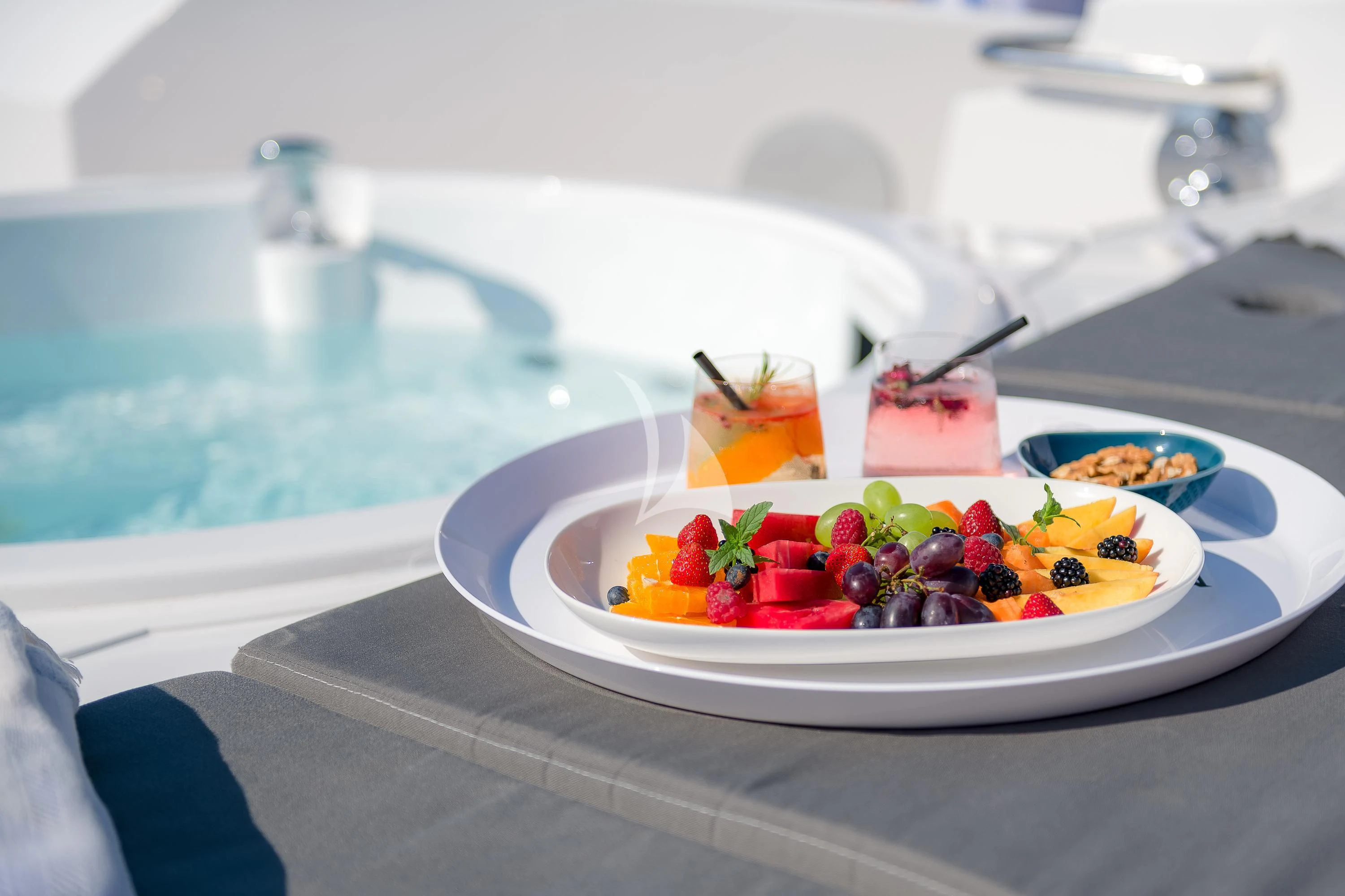a plate of food aboard QUANTUM Yacht for Sale