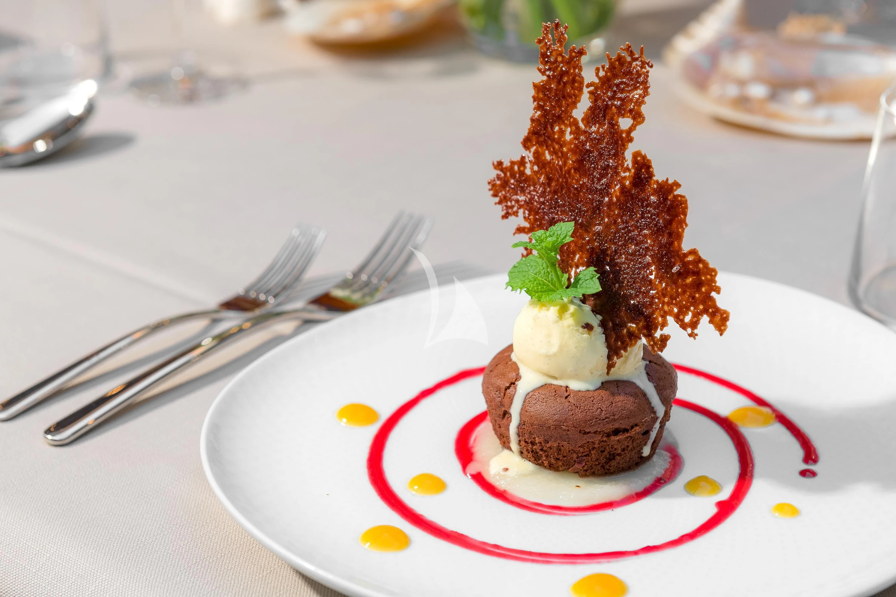 a piece of cake with a fork on a plate with a piece of chocolate cake on it aboard QUANTUM Yacht for Sale