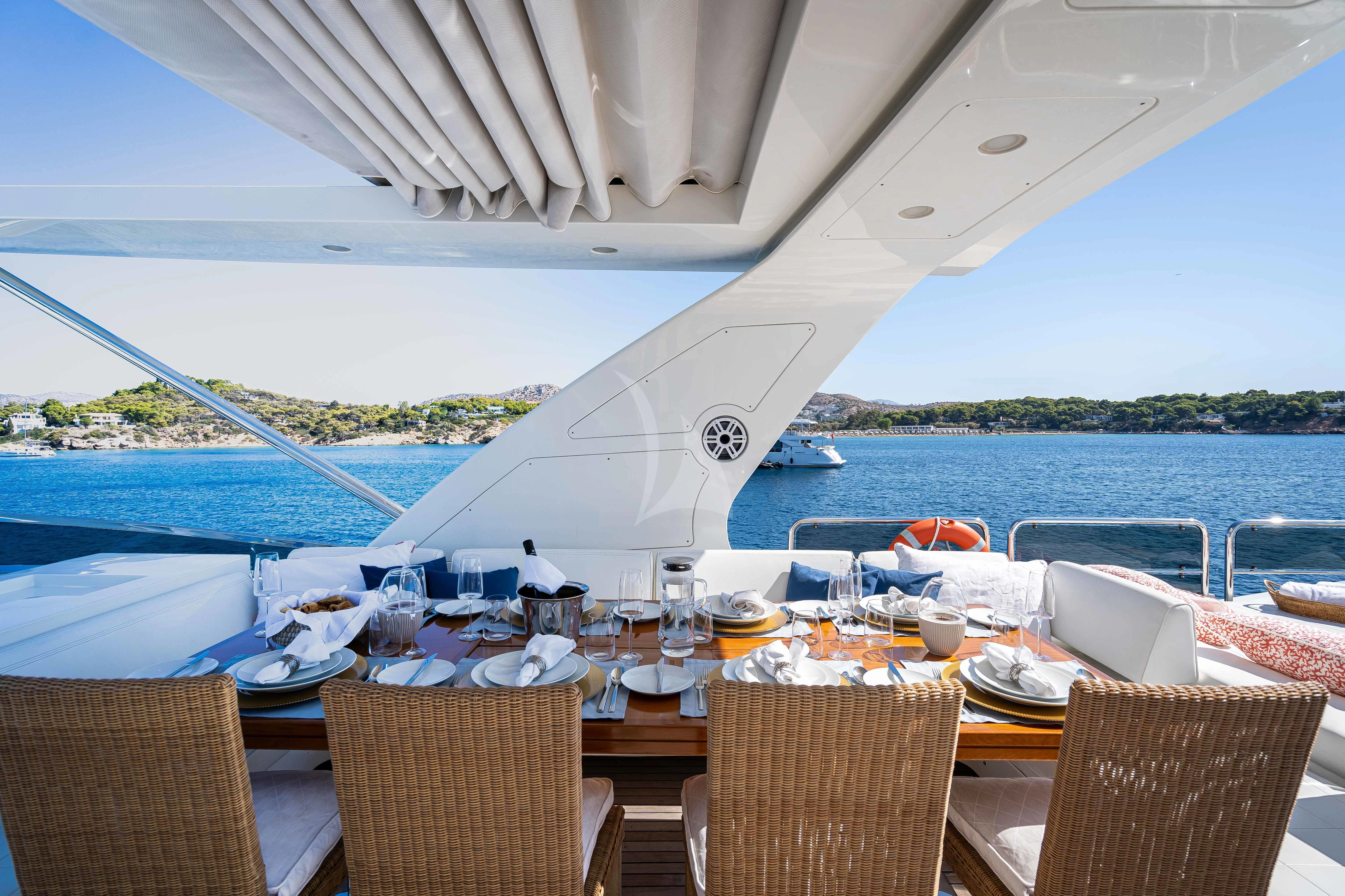 a table set for a meal on a boat aboard KOUKLES Yacht for Sale