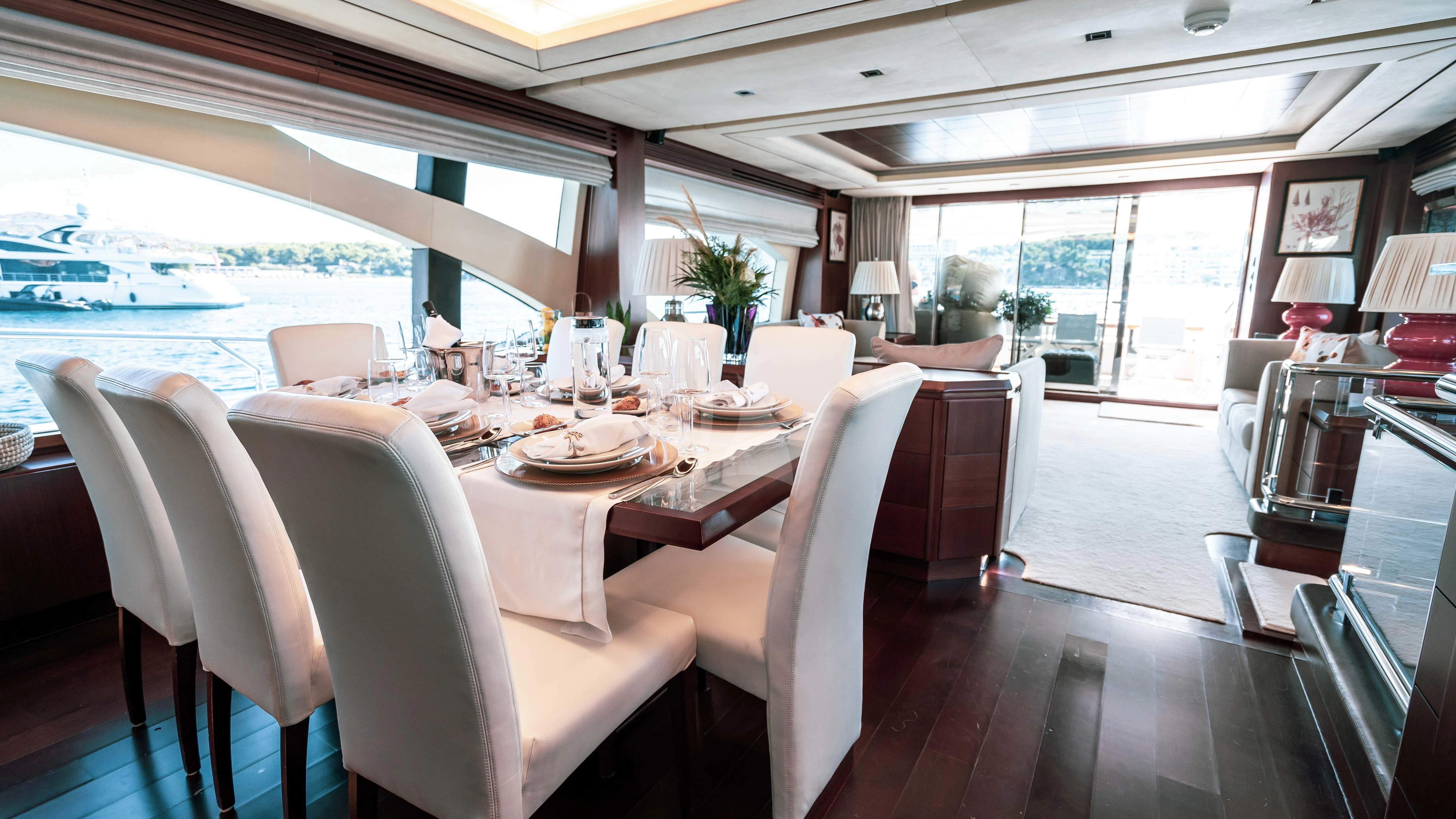 a dining room with a large window aboard KOUKLES Yacht for Sale