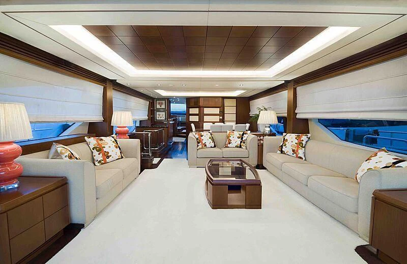 a living room with a large window aboard KOUKLES Yacht for Sale