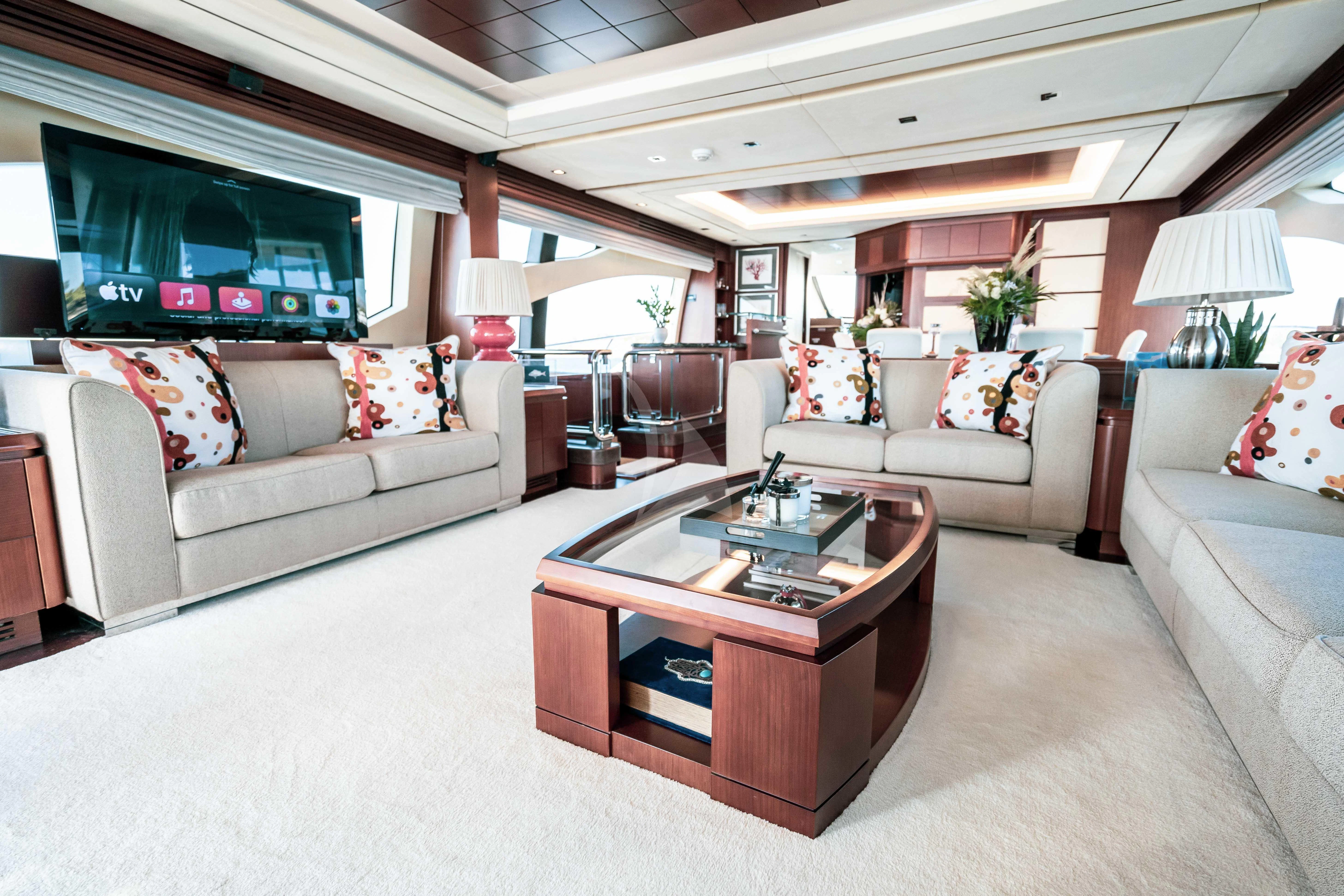 a living room with a large screen aboard KOUKLES Yacht for Sale