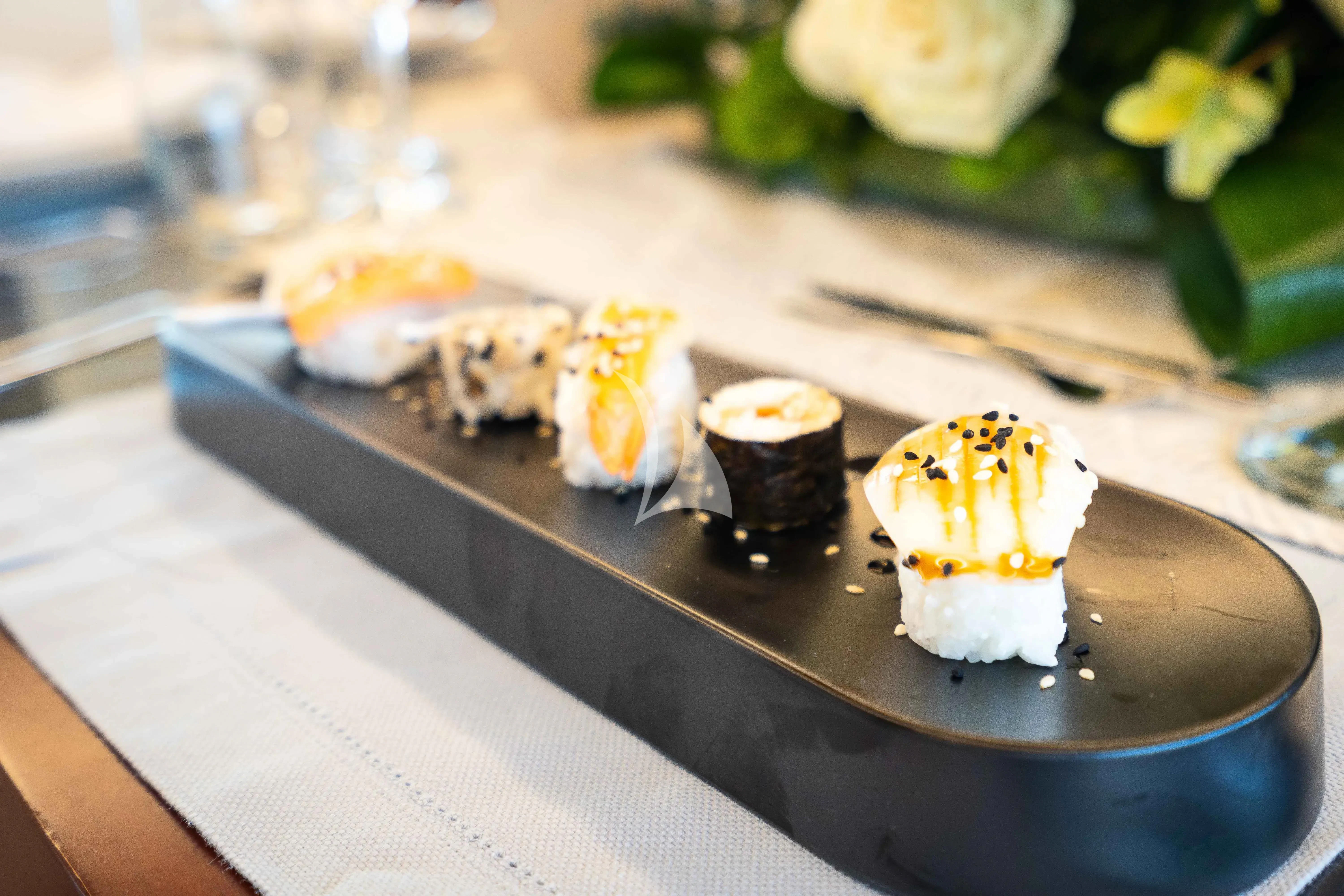 sushi on a plate aboard KOUKLES Yacht for Sale