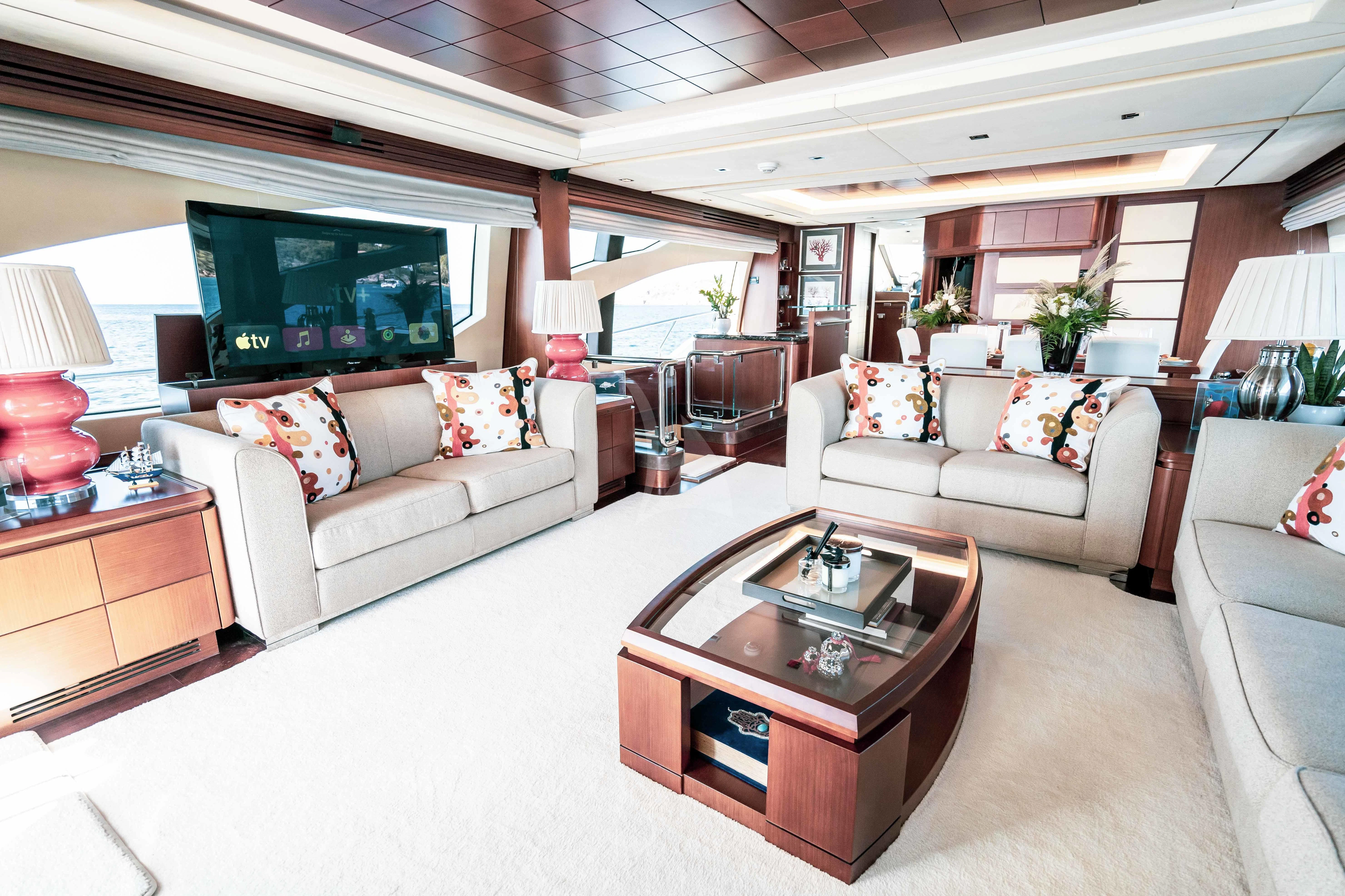 a living room with a large screen aboard KOUKLES Yacht for Sale