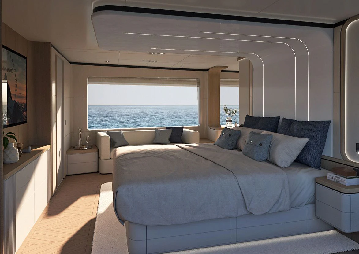 a room with a bed and a large window aboard VITTORIA VELOCE 32 RPH #01 Yacht for Sale