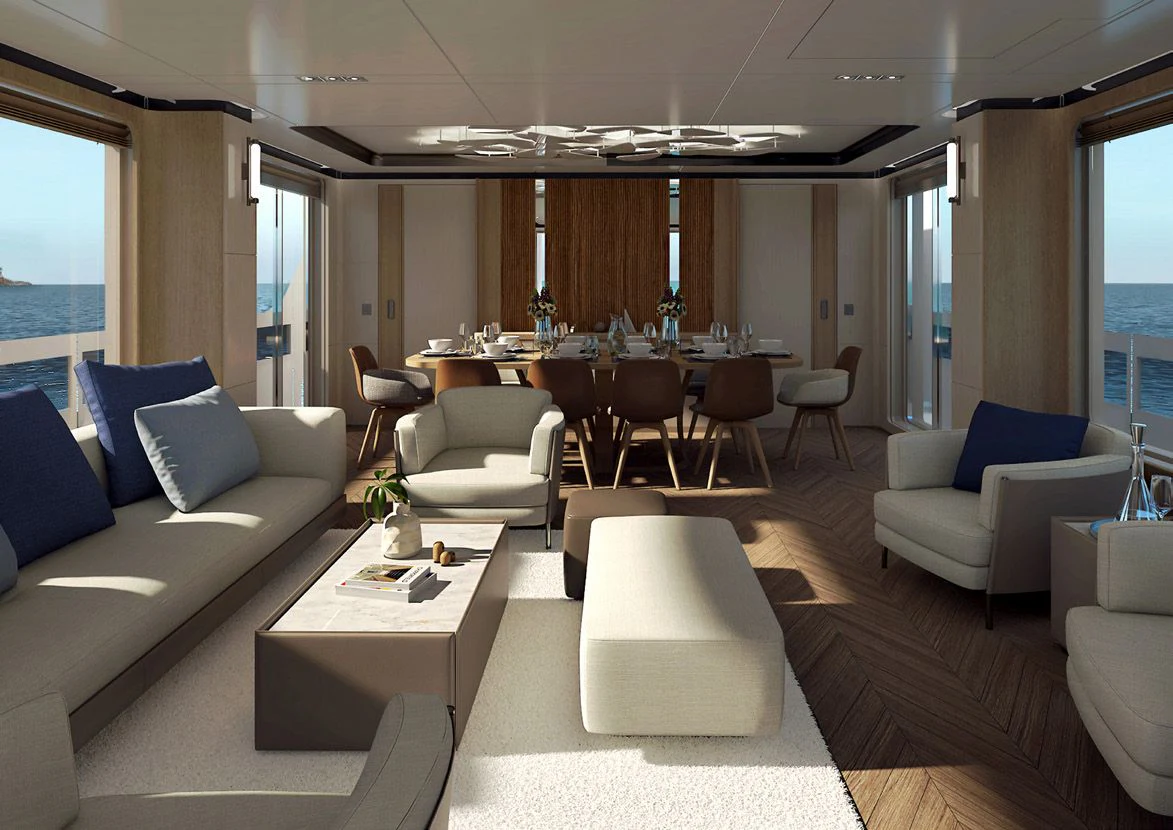 a living room with a table and chairs aboard VITTORIA VELOCE 32 RPH #01 Yacht for Sale