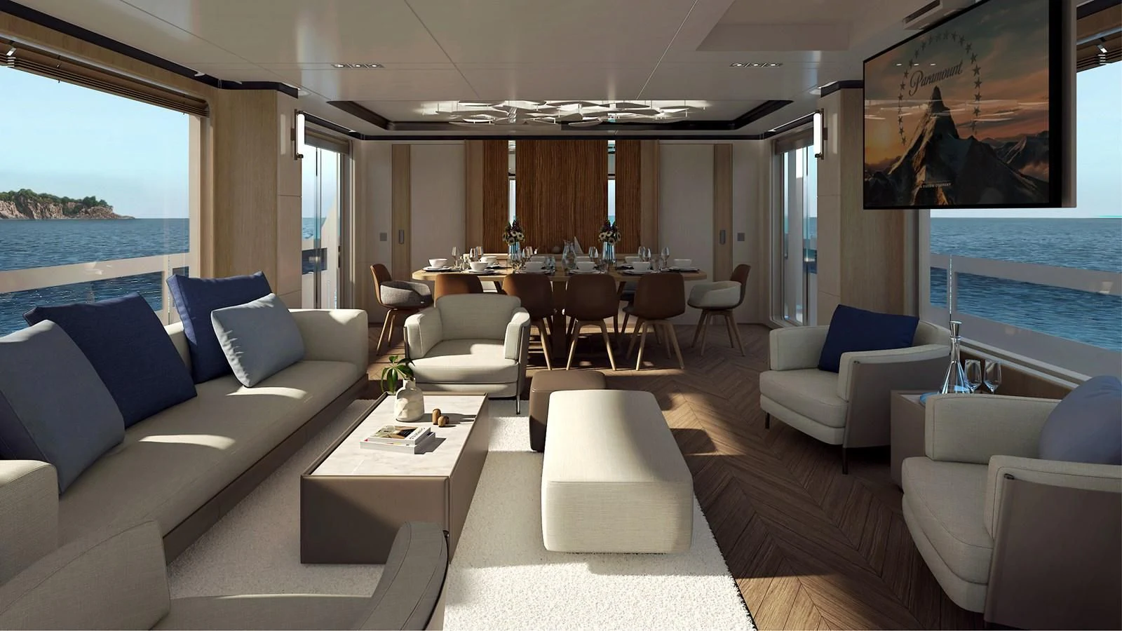 a living room with a large window aboard VITTORIA VELOCE 32 RPH #01 Yacht for Sale