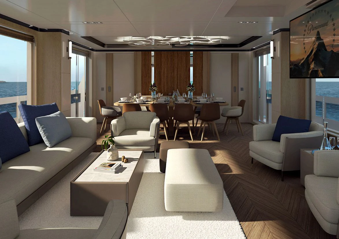 a living room with a couch and a table aboard VITTORIA VELOCE 32 RPH #01 Yacht for Sale