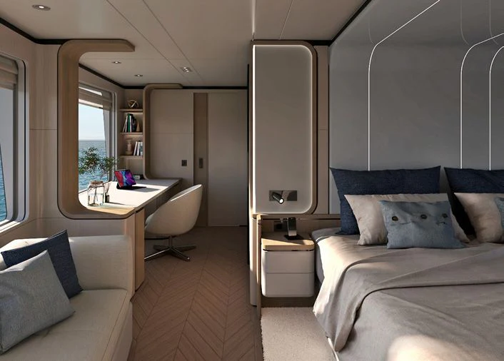 a room with a bed and a desk aboard VITTORIA VELOCE 32 RPH #01 Yacht for Sale