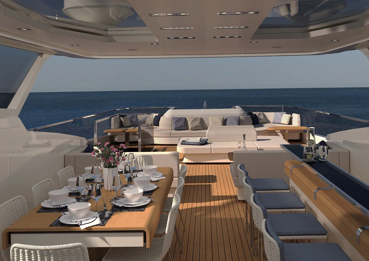 a room with a table and chairs aboard VITTORIA VELOCE 32 RPH #01 Yacht for Sale