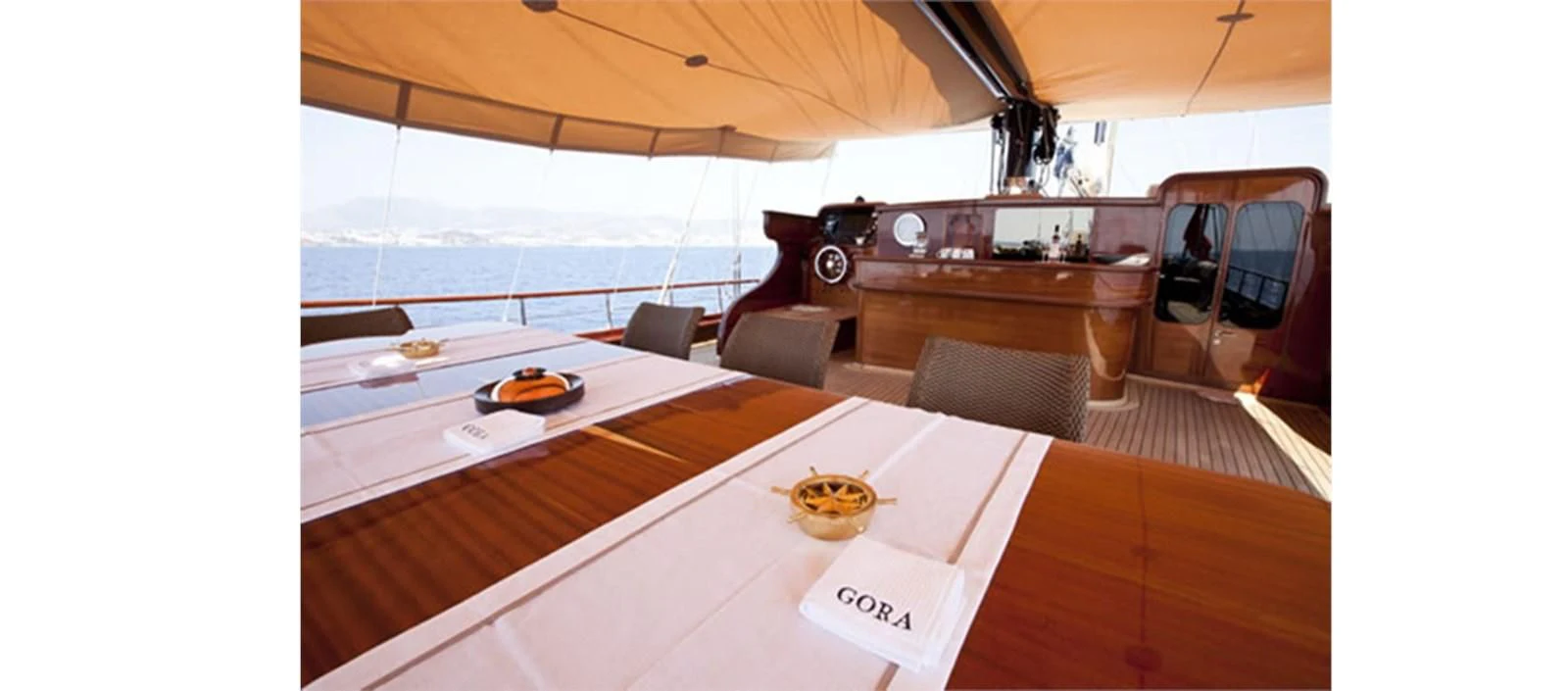 a room with a table and chairs aboard PERFORMANCE FEE Yacht for Sale