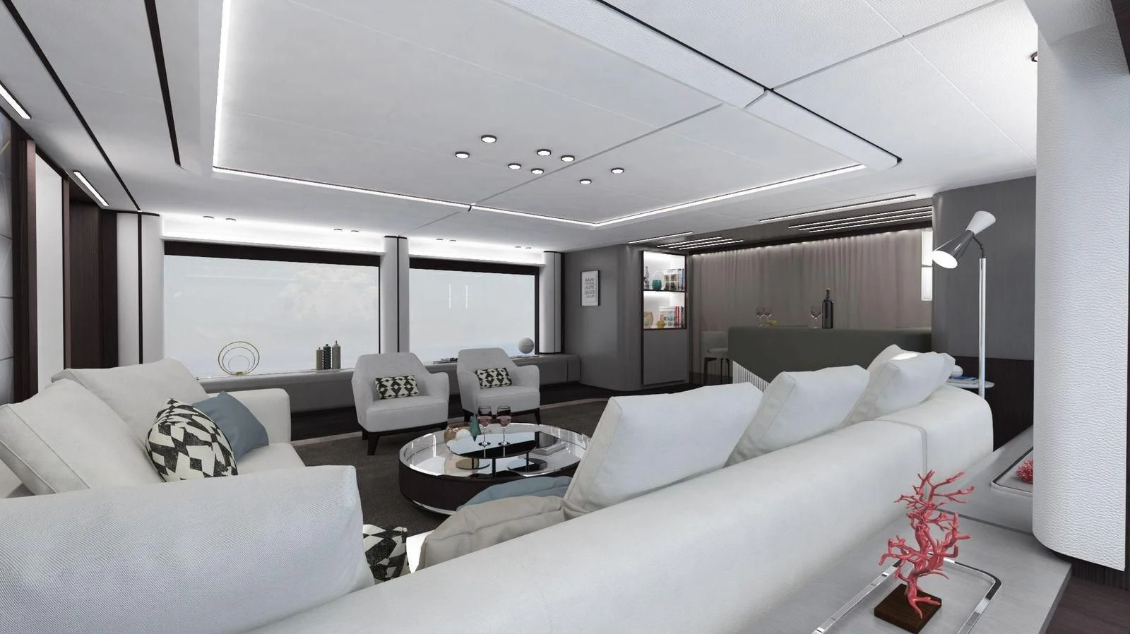 a living room with white furniture aboard CROSSOVER Yacht for Sale
