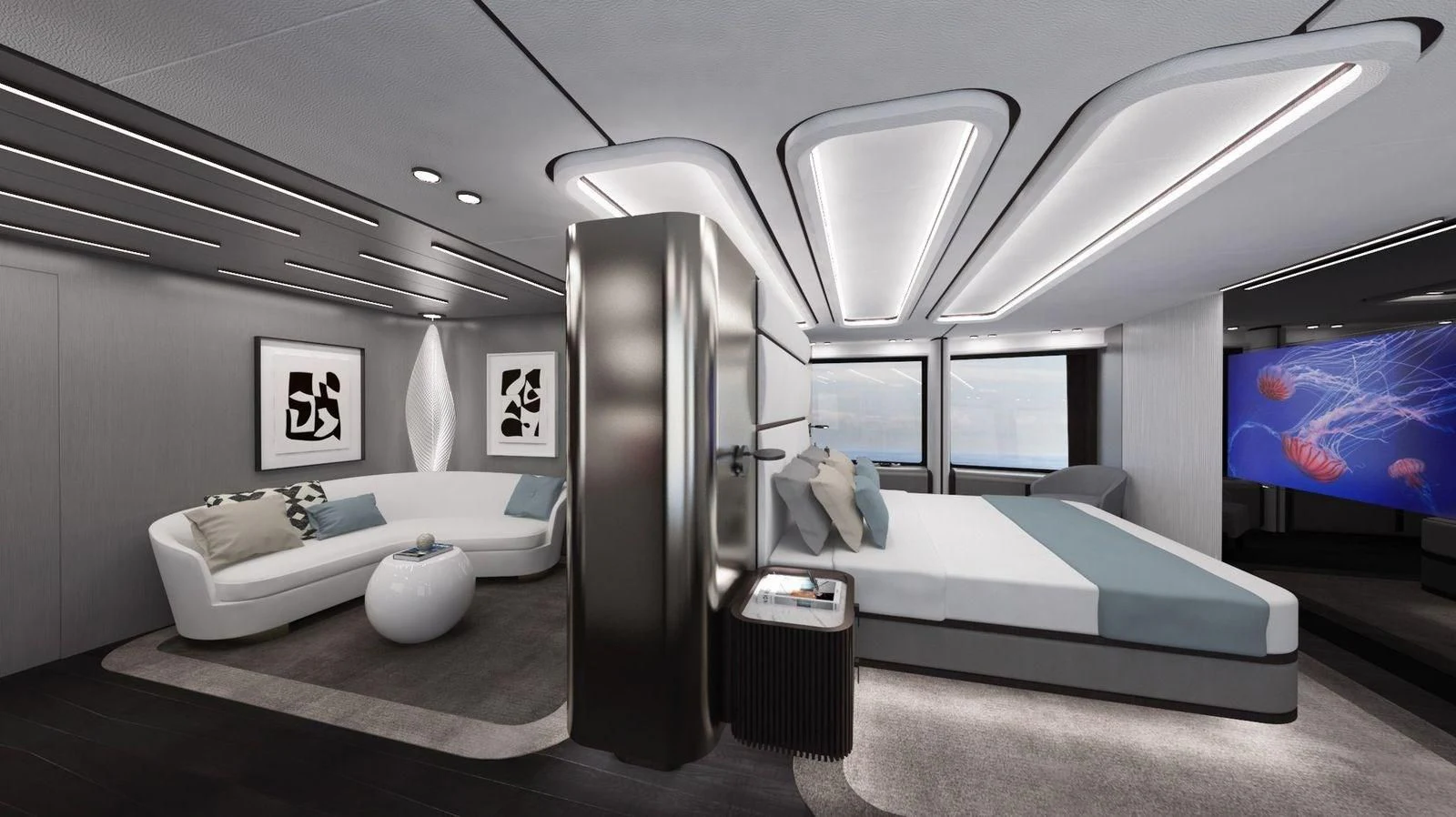a room with a bed and a large mirror aboard CROSSOVER Yacht for Sale