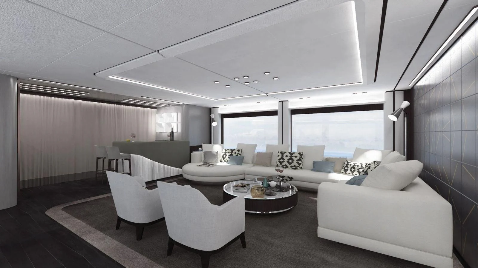 a large living room with white furniture aboard CROSSOVER Yacht for Sale