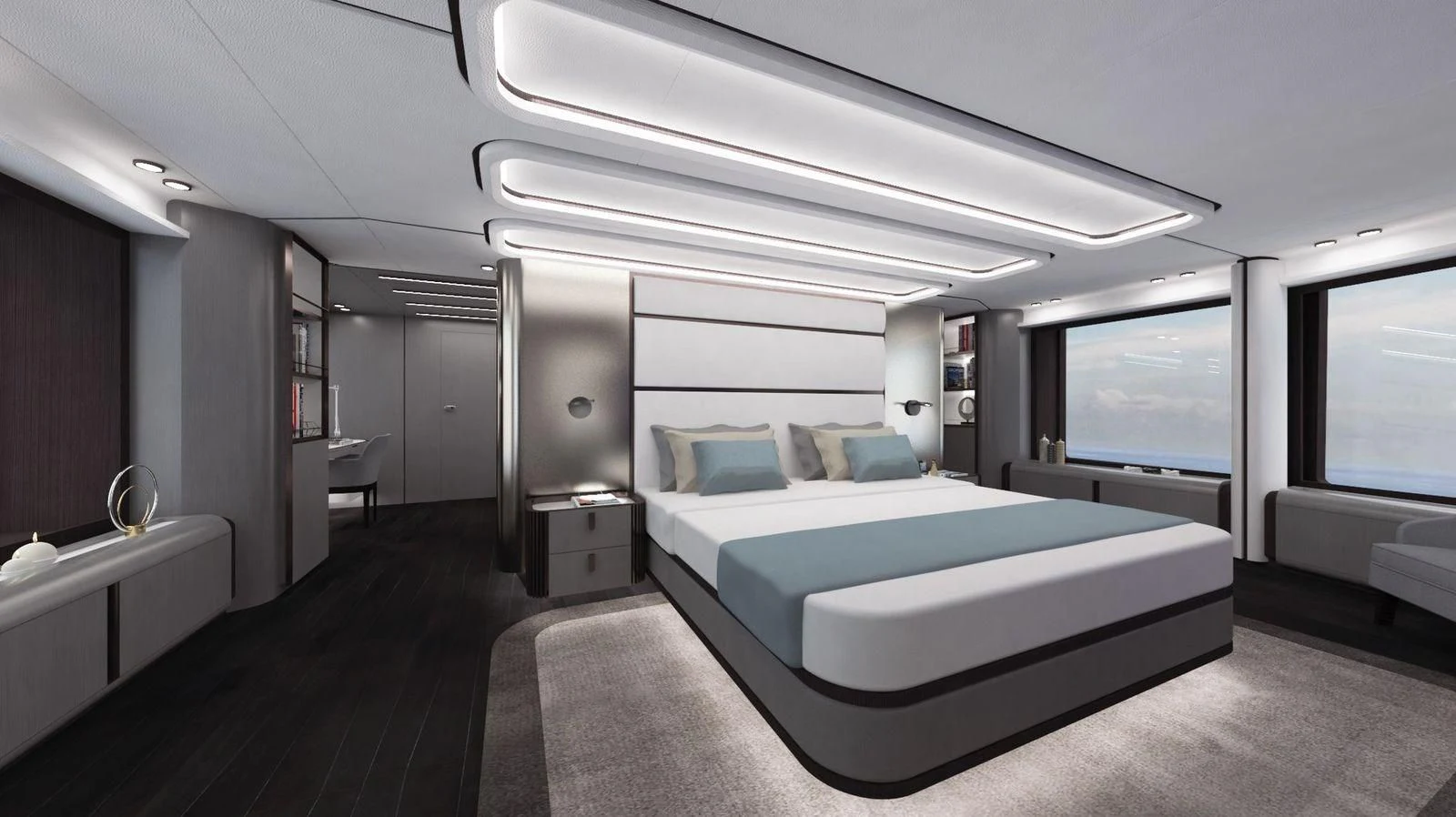 a room with a bed and a window aboard CROSSOVER Yacht for Sale