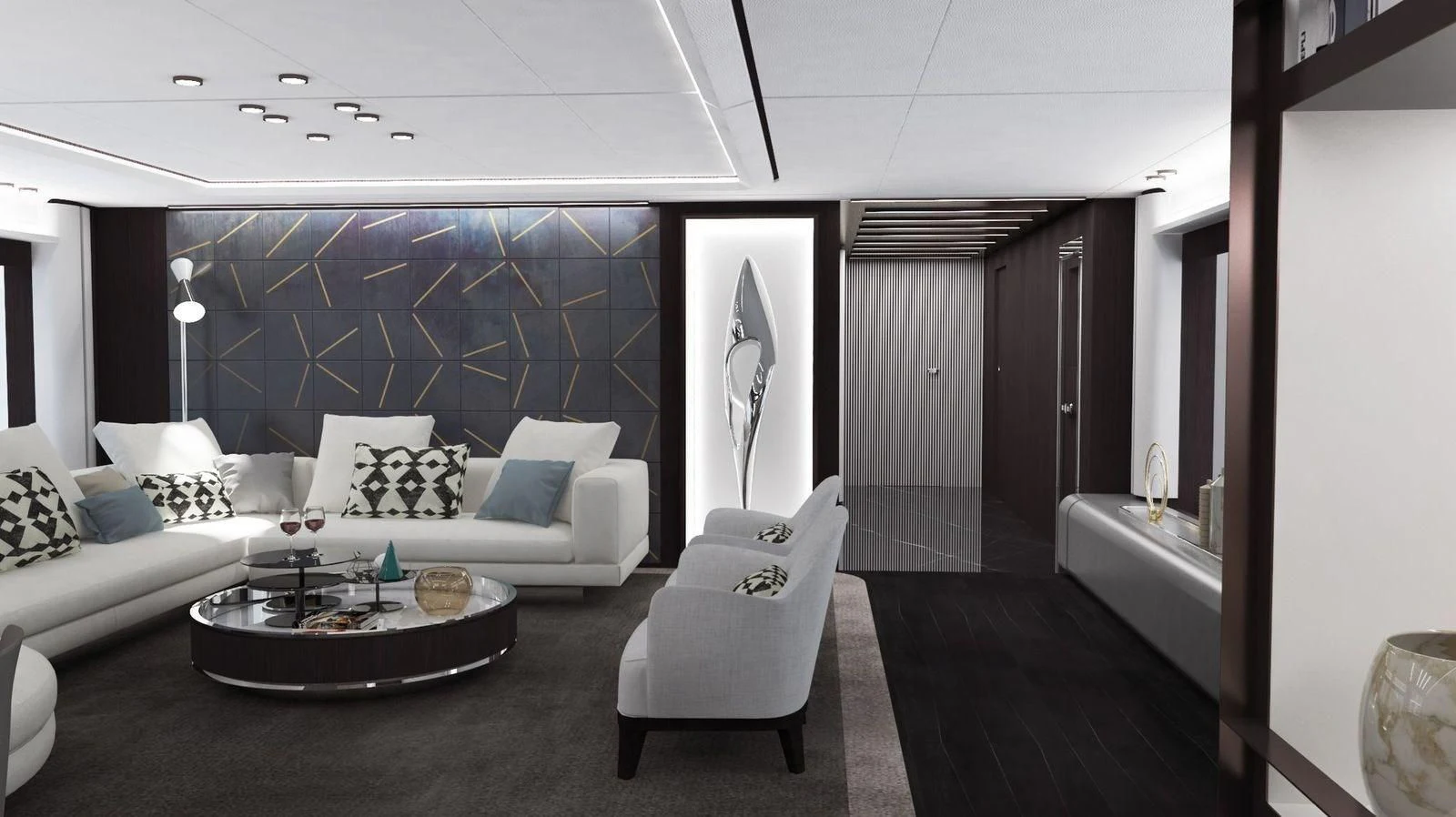 a modern looking bathroom with a large mirror aboard CROSSOVER Yacht for Sale
