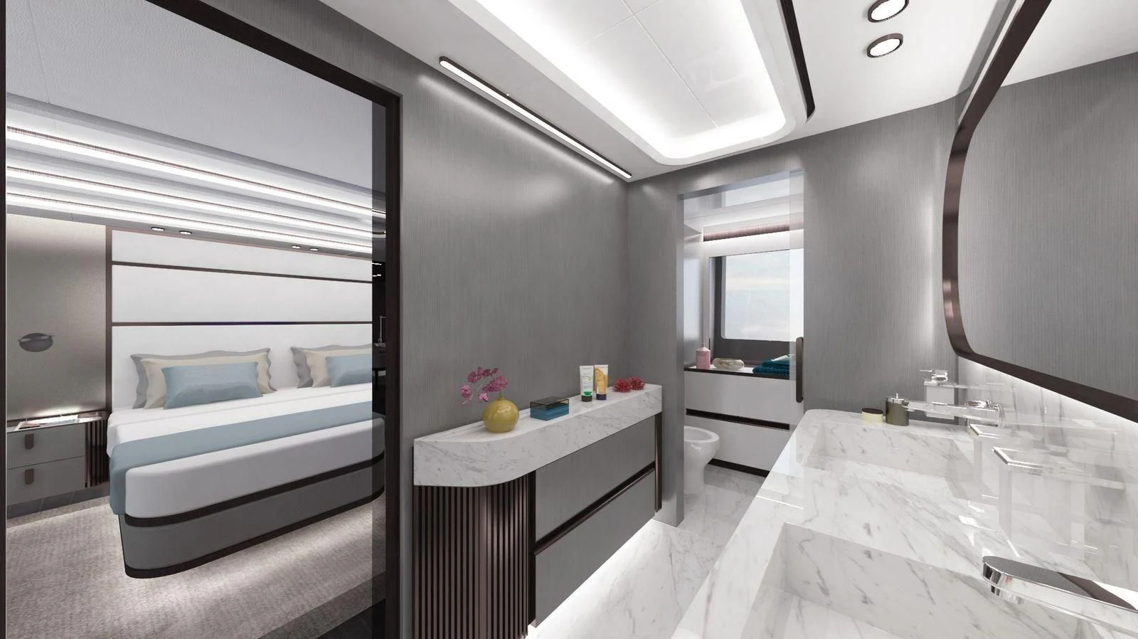 a room with a bed and a desk aboard CROSSOVER Yacht for Sale