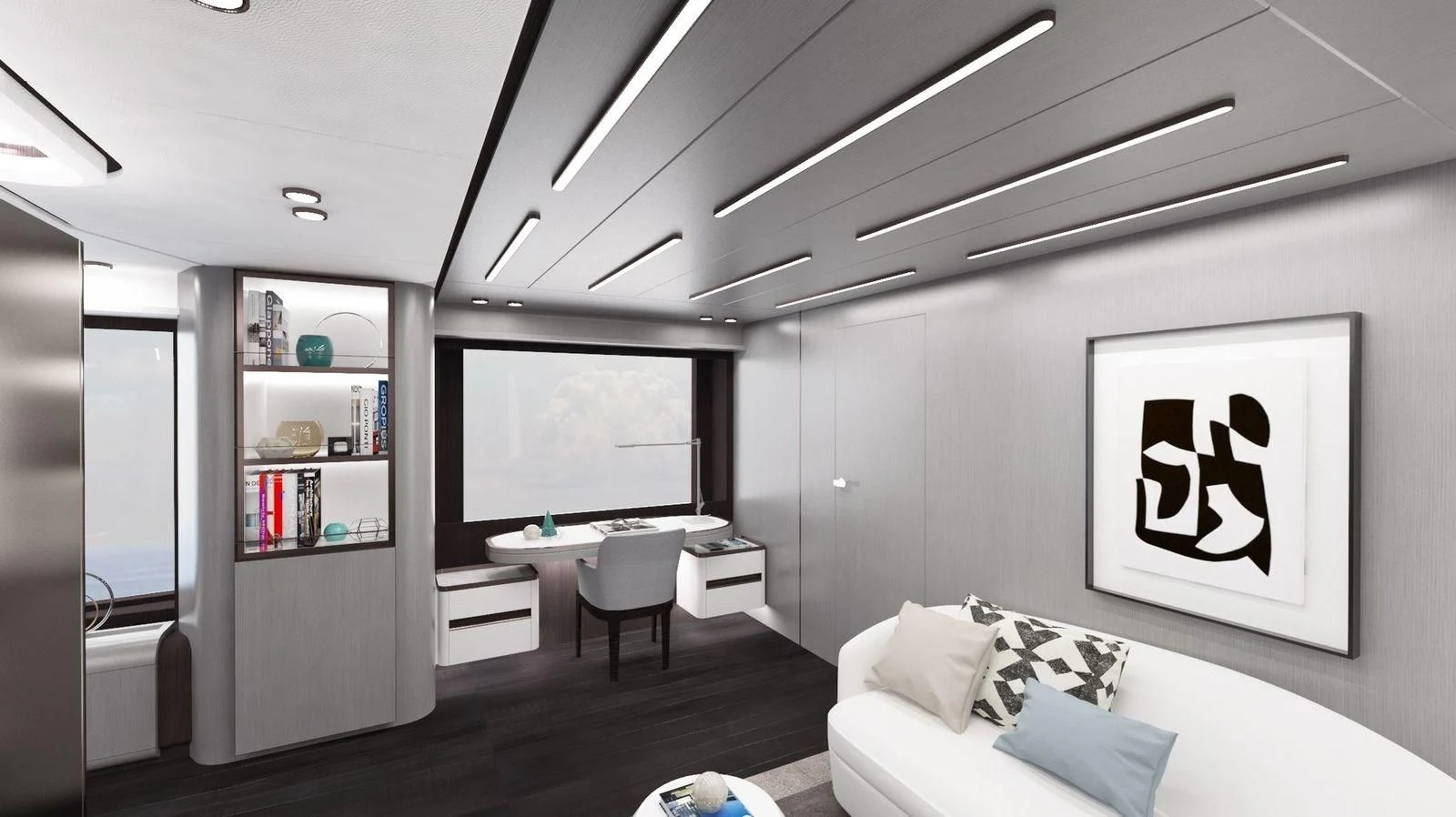 a room with a desk and a bed aboard CROSSOVER Yacht for Sale