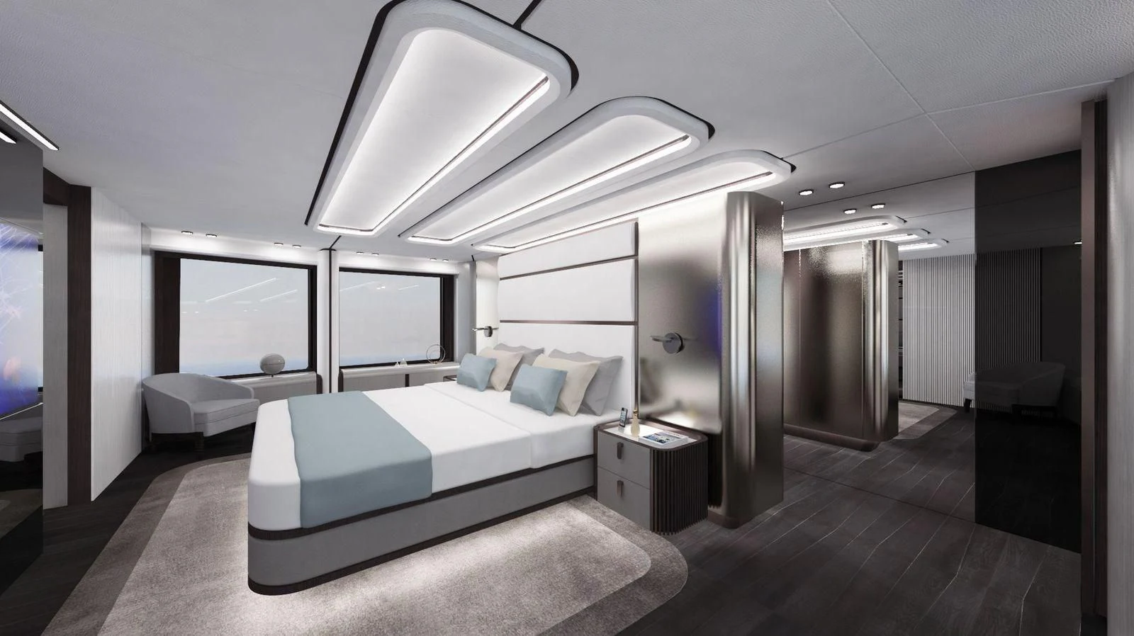 a room with a bed and a desk aboard CROSSOVER Yacht for Sale