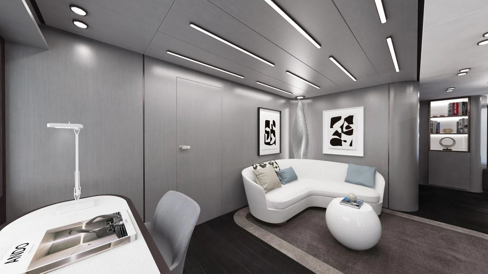 a white couch in a room aboard CROSSOVER Yacht for Sale