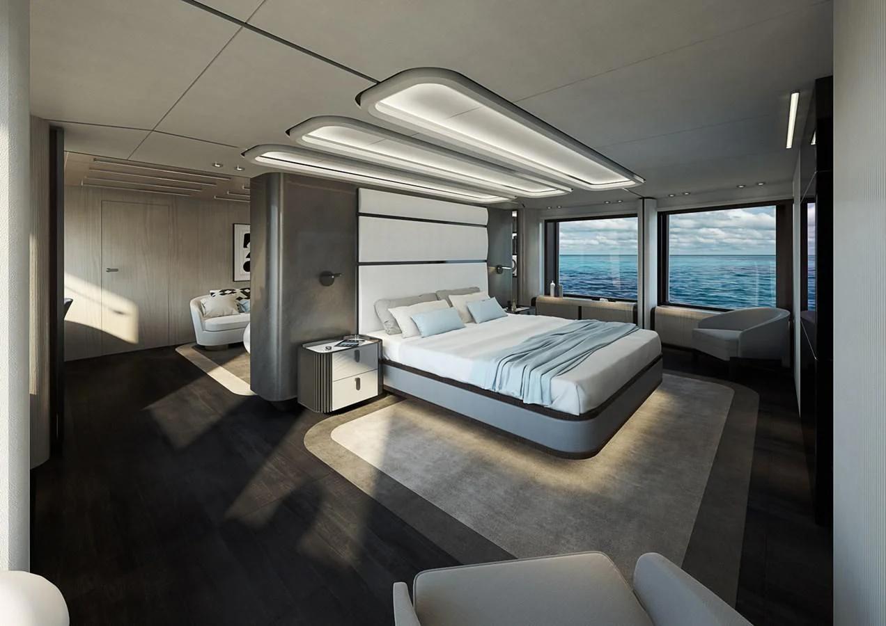 a room with a bed and a window aboard CROSSOVER Yacht for Sale