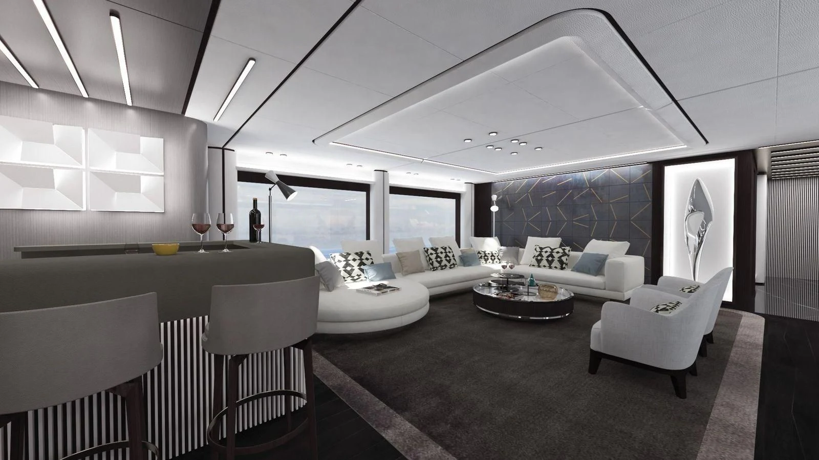 a room with white furniture aboard CROSSOVER Yacht for Sale