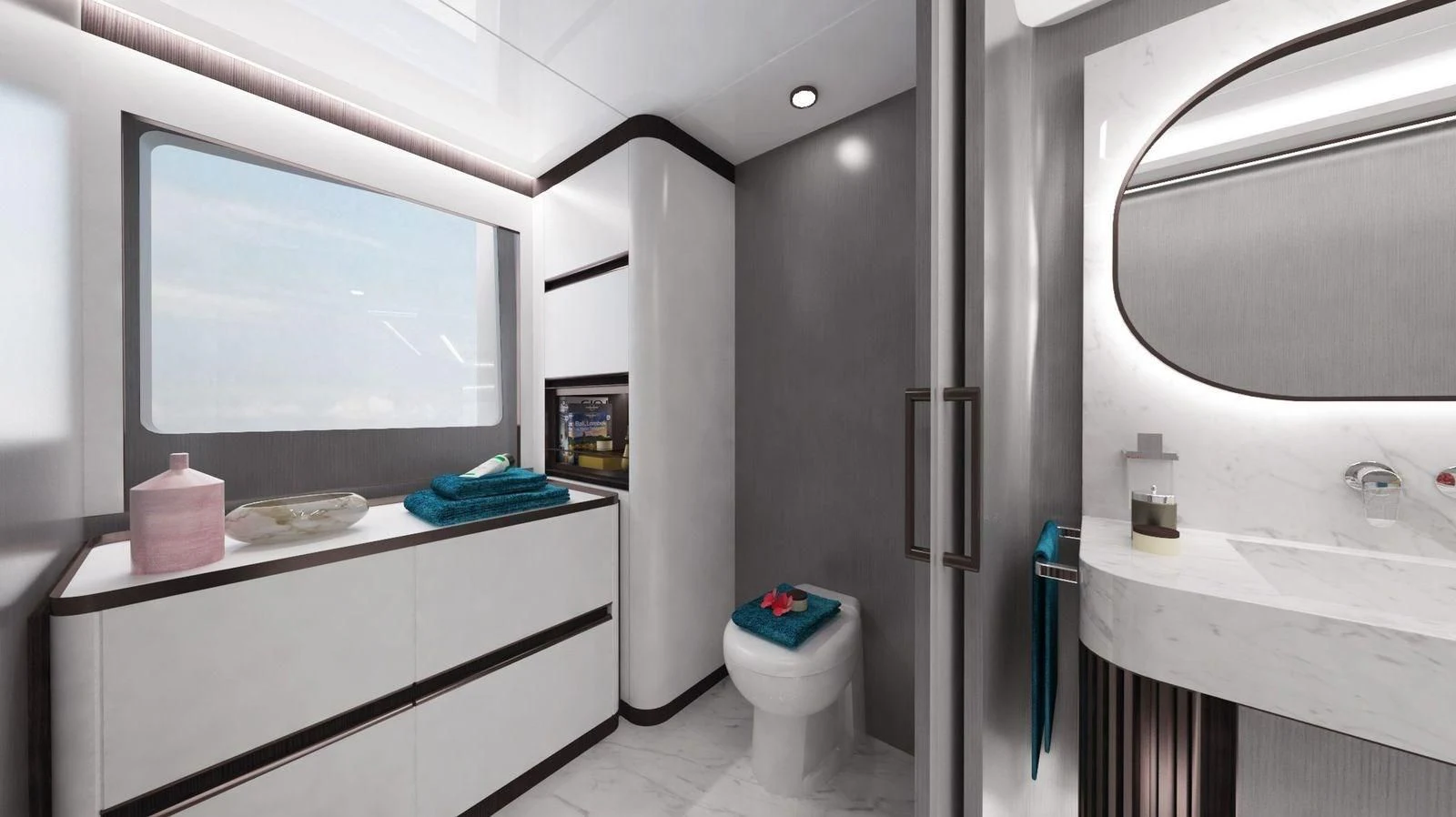 a bathroom with a sink and a toilet aboard CROSSOVER Yacht for Sale