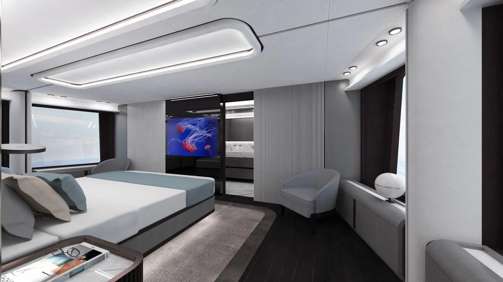 a room with a bed and a window aboard CROSSOVER Yacht for Sale