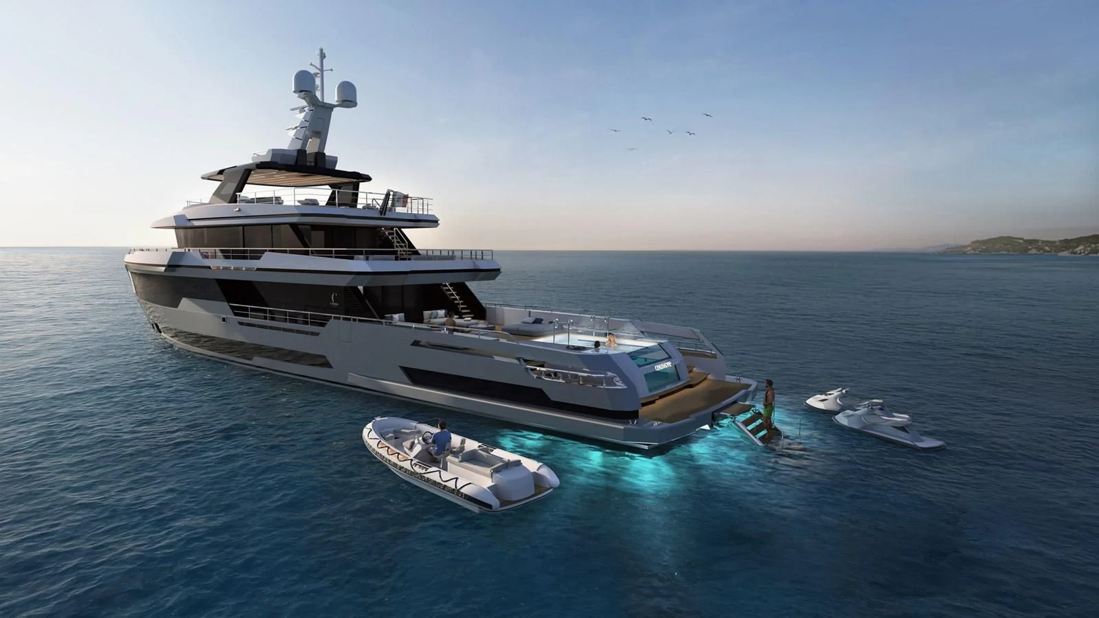 a large boat with a motor boat on it aboard CROSSOVER Yacht for Sale