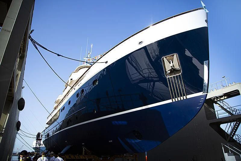 a large blue boat aboard BLUE II Yacht for Charter