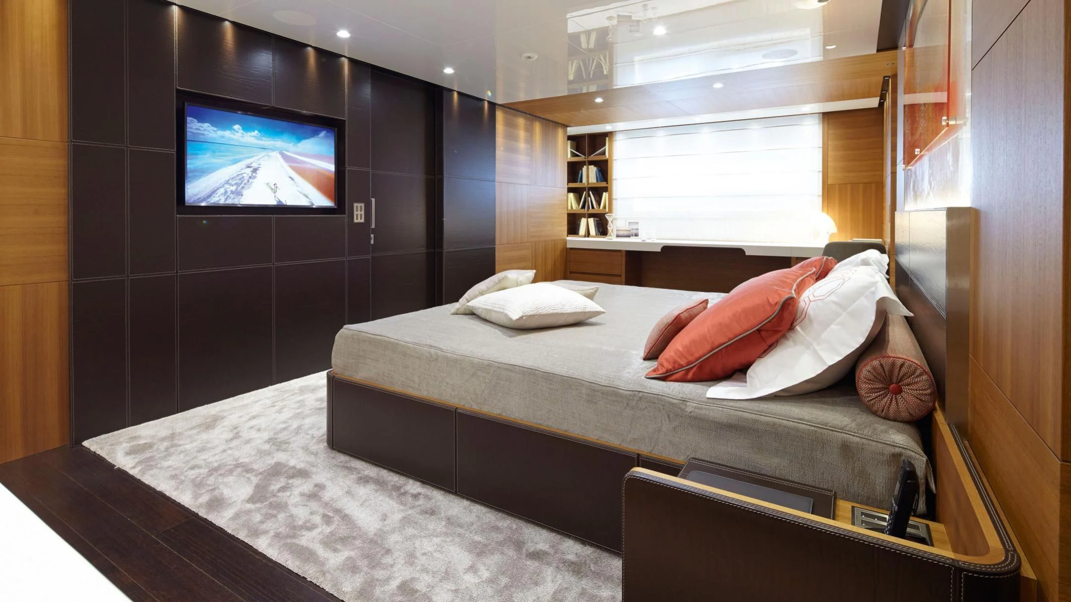 a bed in a room aboard PACHAMAMA Yacht for Sale