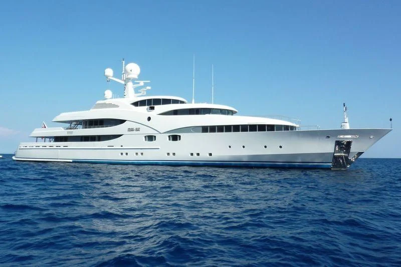 a white yacht in the water aboard NOURAH OF RIYAD Yacht for Sale