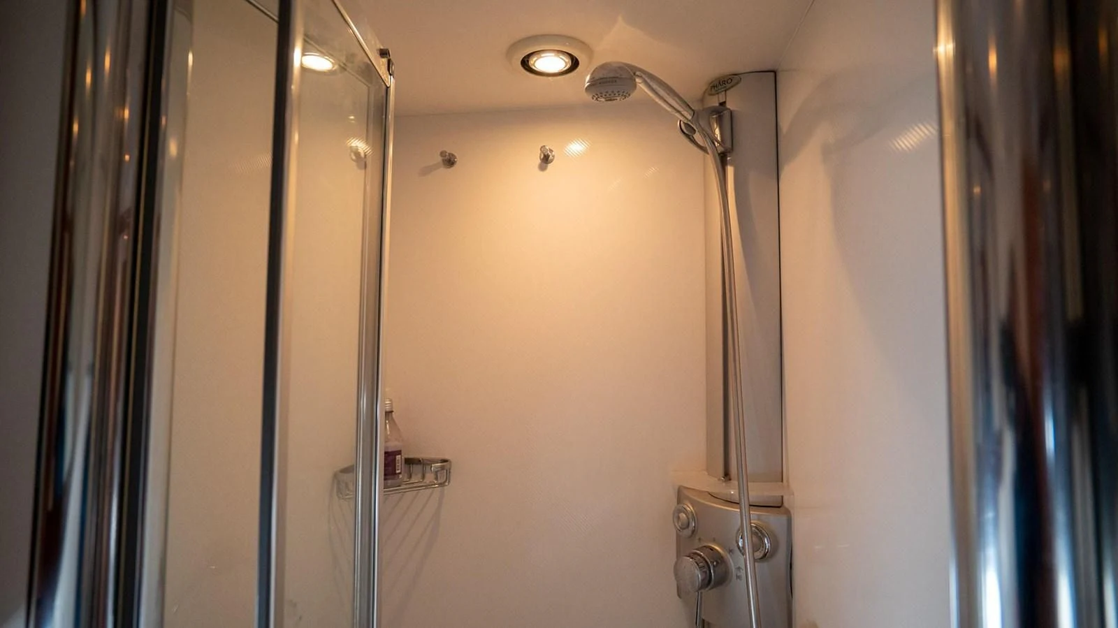 a shower with a glass door aboard HAN SOLO Yacht for Sale