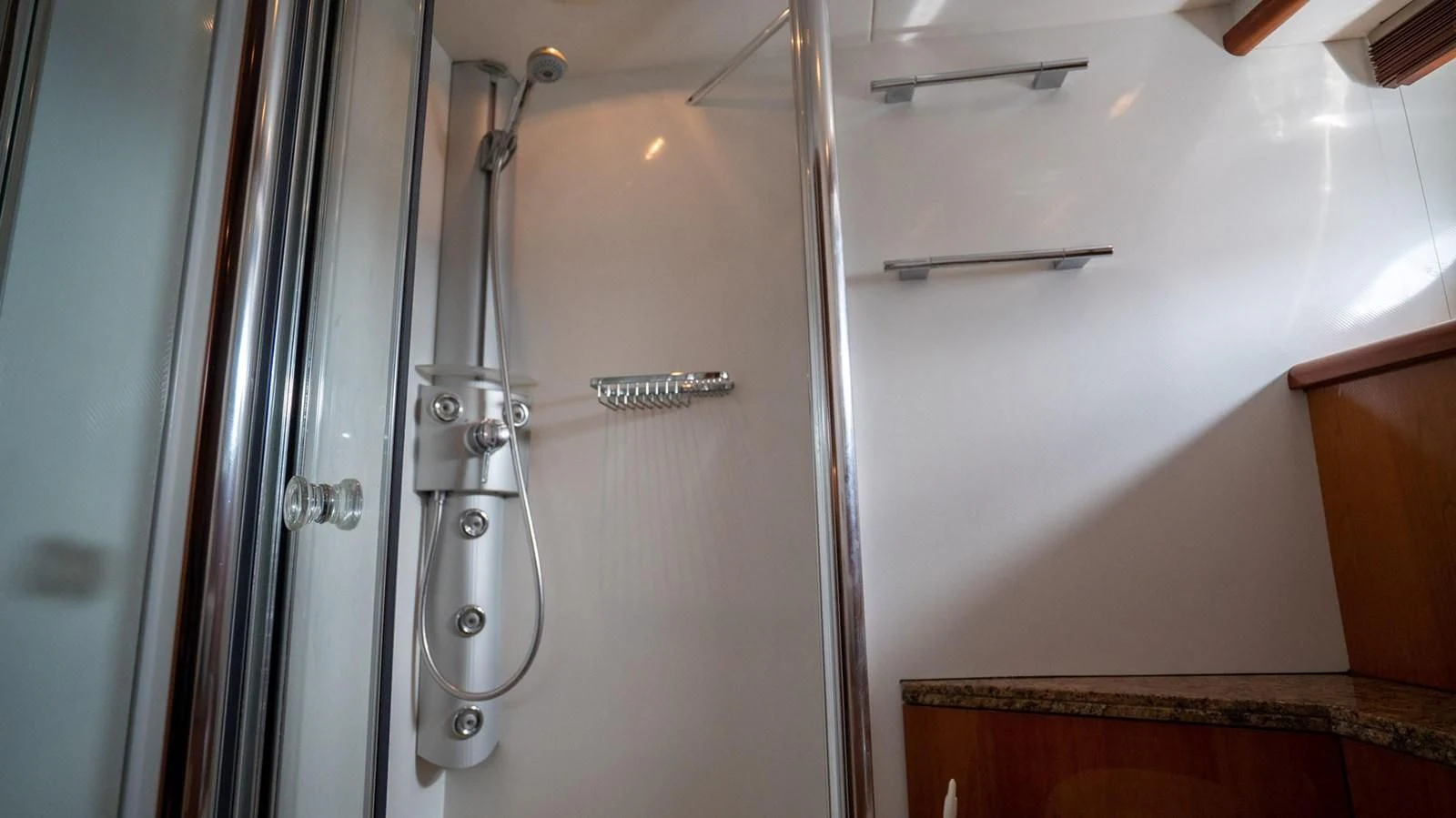 a shower with a glass door aboard HAN SOLO Yacht for Sale