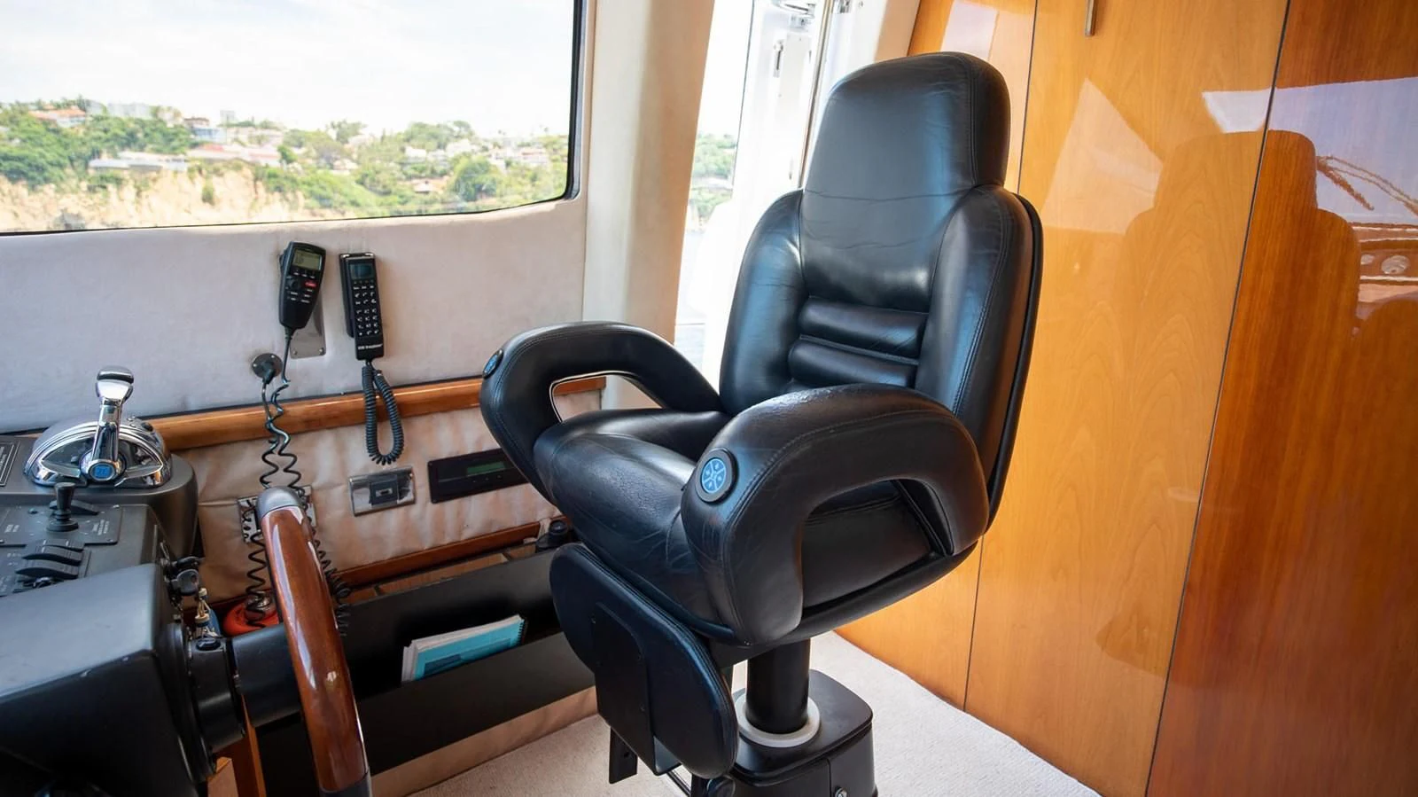 a black office chair with a black seat and a black seat aboard HAN SOLO Yacht for Sale